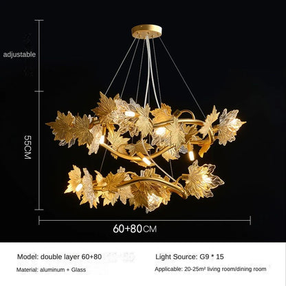 Stacked crystal leaf chandelier in gold running on 90 to 260V alternating power