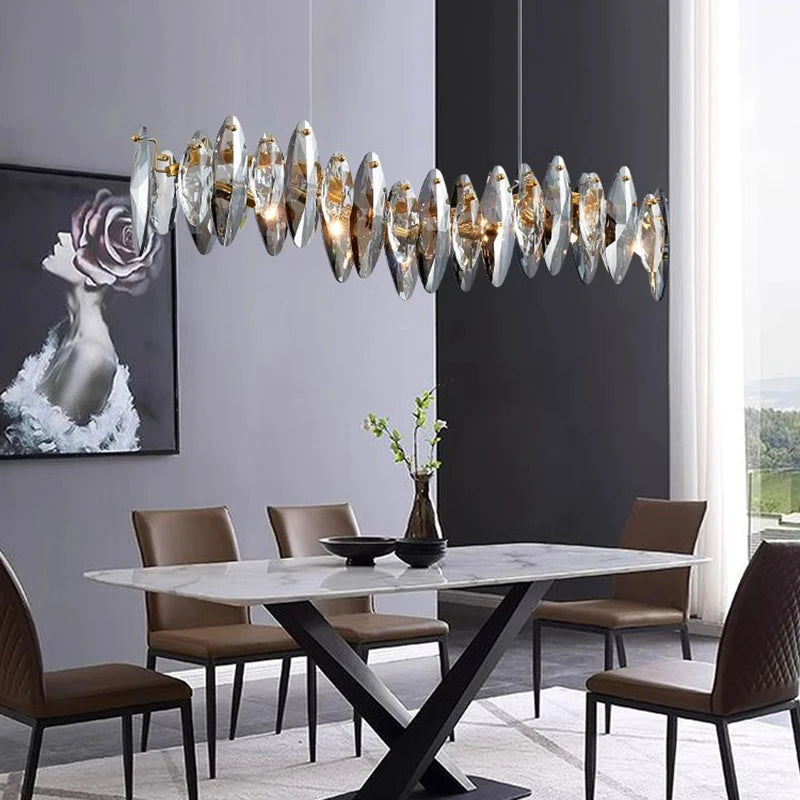 Crystal chandelier at 51.2 in long on an adjustable cord suspension