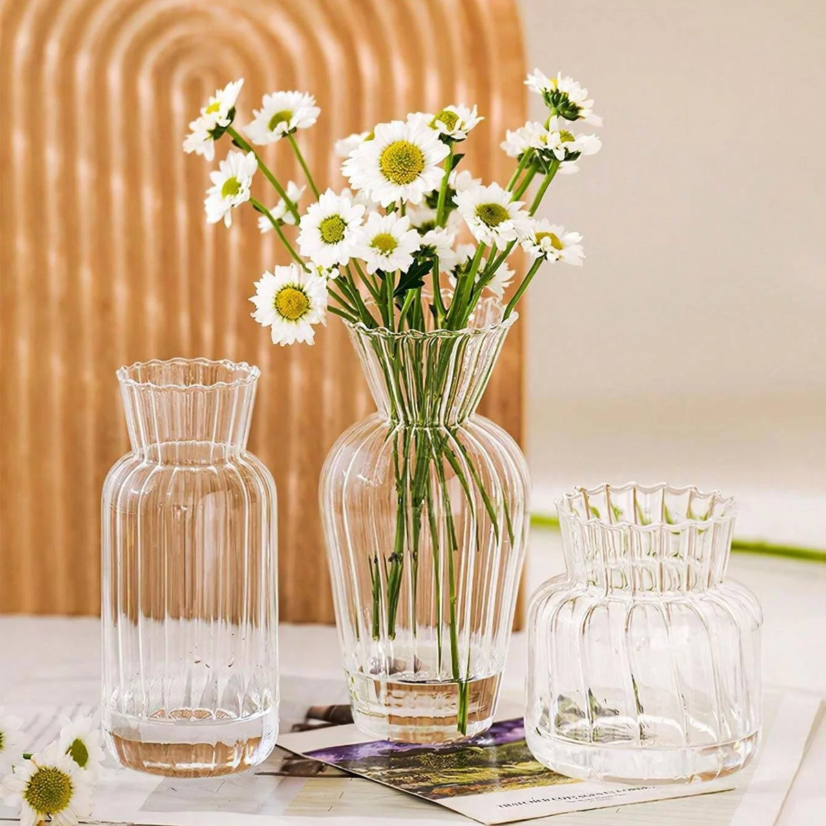 Retro-striped mini glass vase in size M for single stem on shelf