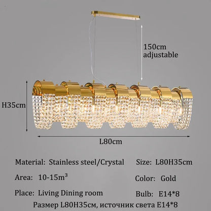 Eight head linear crystal chandelier at 59.1 in (150 cm) in silver