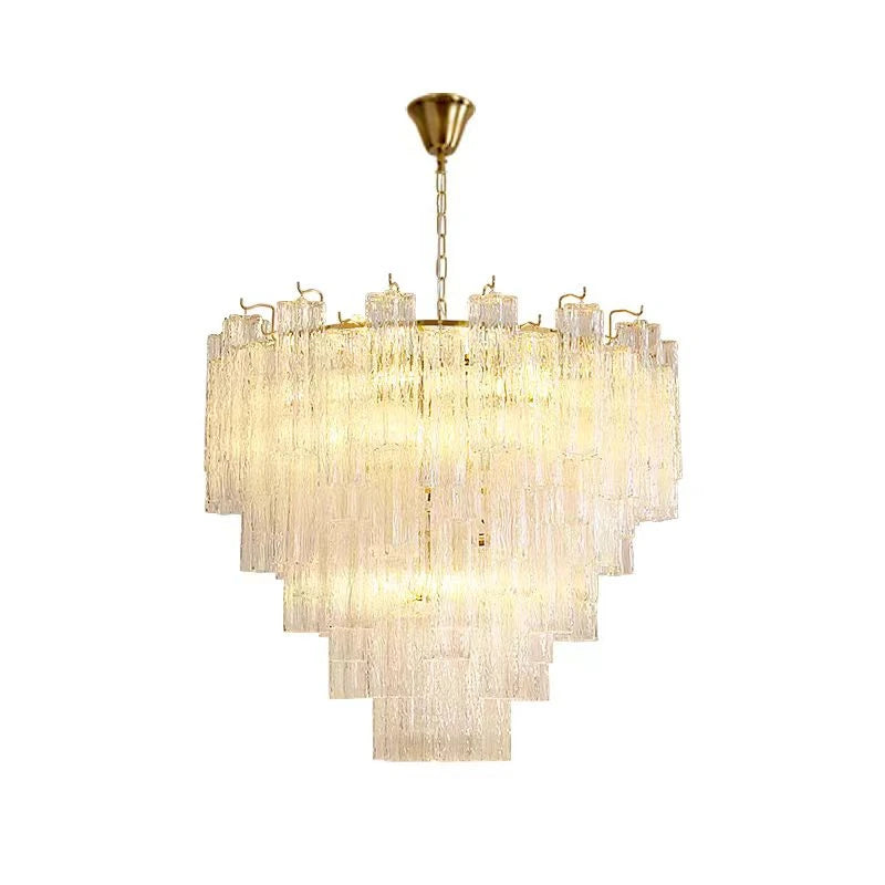 Seven tier glass chandelier measuring 25.6 in across on a gold steel frame