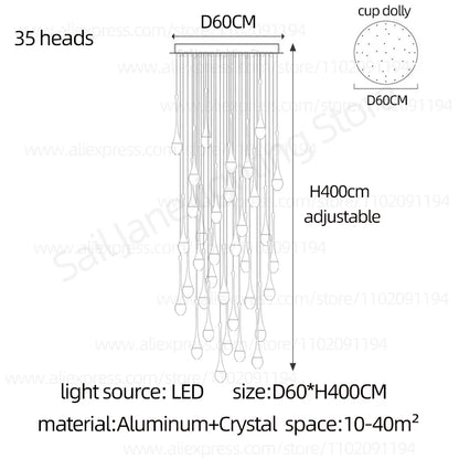 Twelve head raindrop chandelier, 15.7 in across, 118.1 in drop