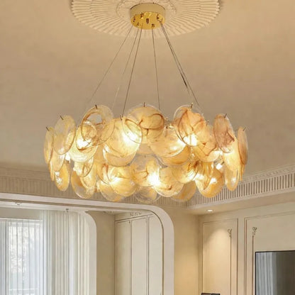 Yellow blown glass chandelier at 31.5 in diameter with 42 pieces