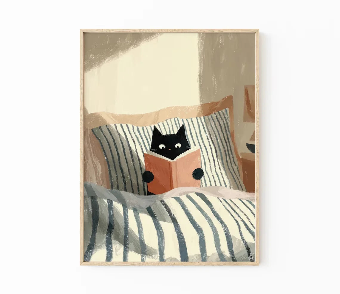 Black Cat Reading Cosy Bedroom Canvas Wall Art