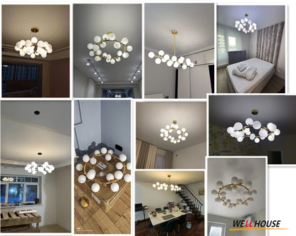 Scandinavian round chandelier with opaque glass balls, flush mounted