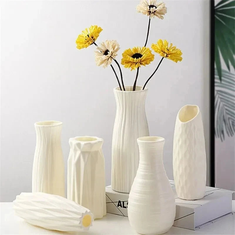 Small white Nordic plastic bottle vase for flowers and dried botanical stems