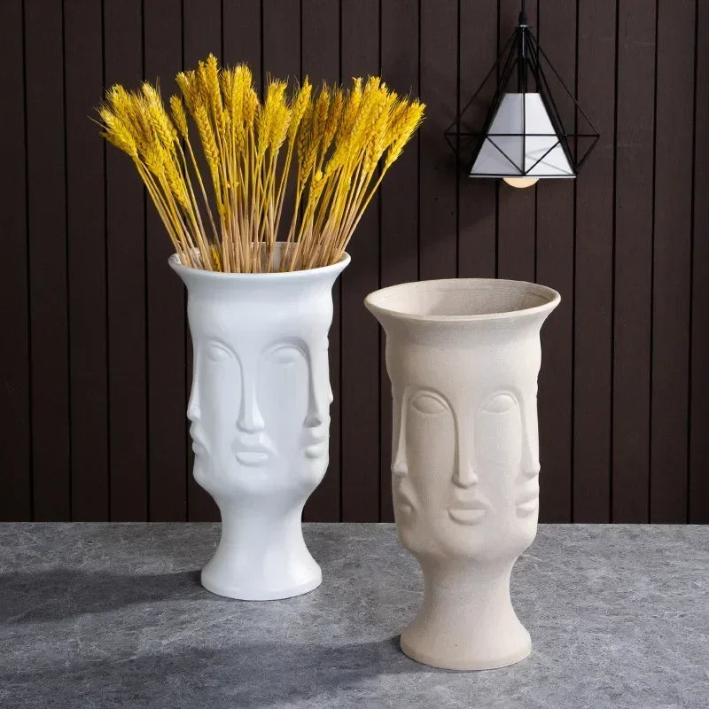 Ceramic human face sculpture vase handmade art flower arrangement