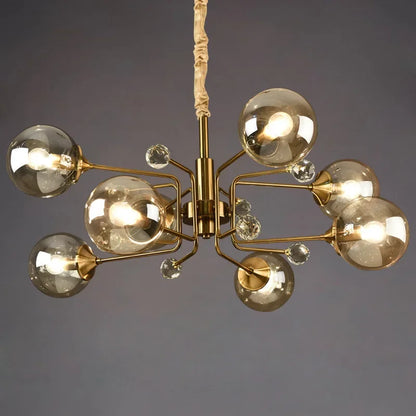 Glass bubble cluster chandelier with clear glass globes on a polished chrome frame