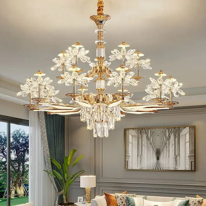 French flower crystal chandelier with carved zinc alloy petals in gold