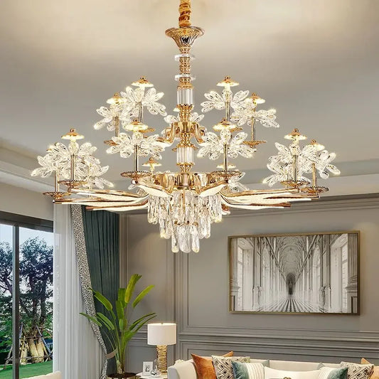 French flower crystal chandelier with carved zinc alloy petals in gold