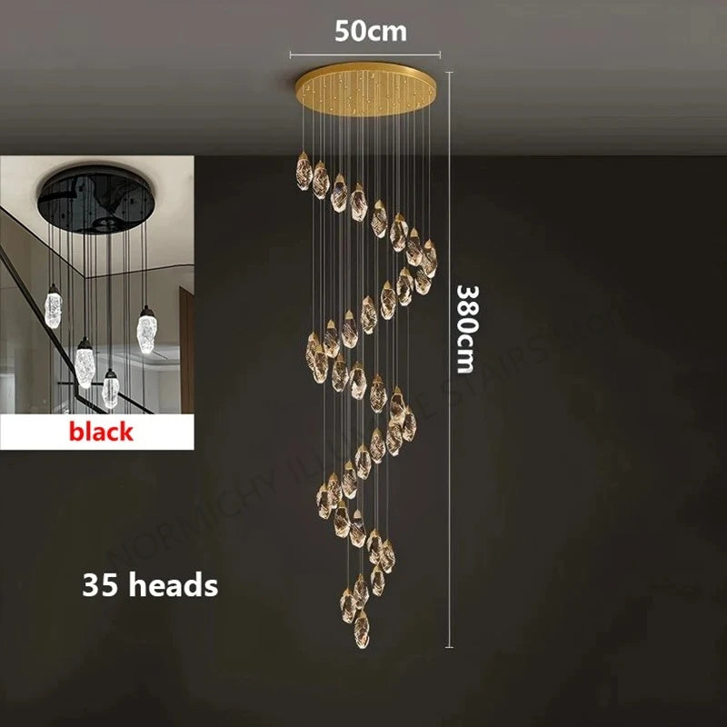 Changeable light setting on a spiral crystal stair chandelier