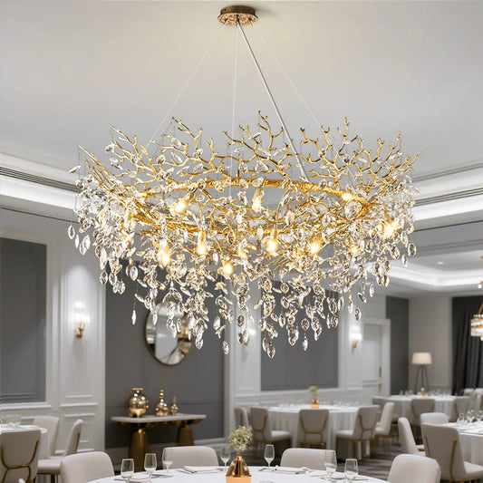 Tree branch K9 crystal chandelier with crystal on polished gold arms