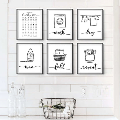 Minimalist Black White Stick Figure Laundry Canvas Art