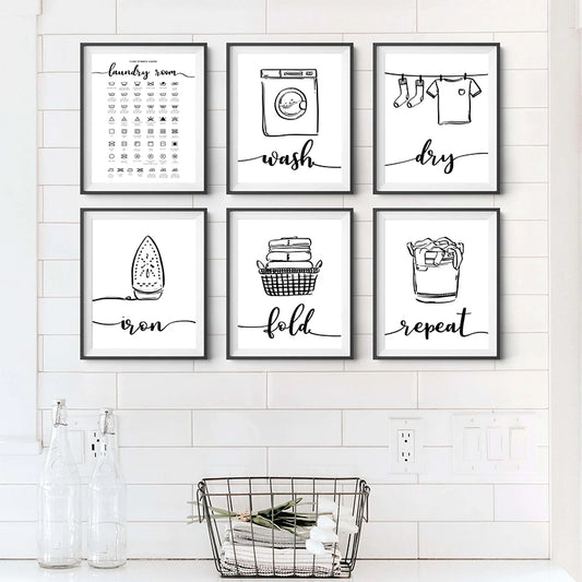 Minimalist Black White Stick Figure Laundry Canvas Art