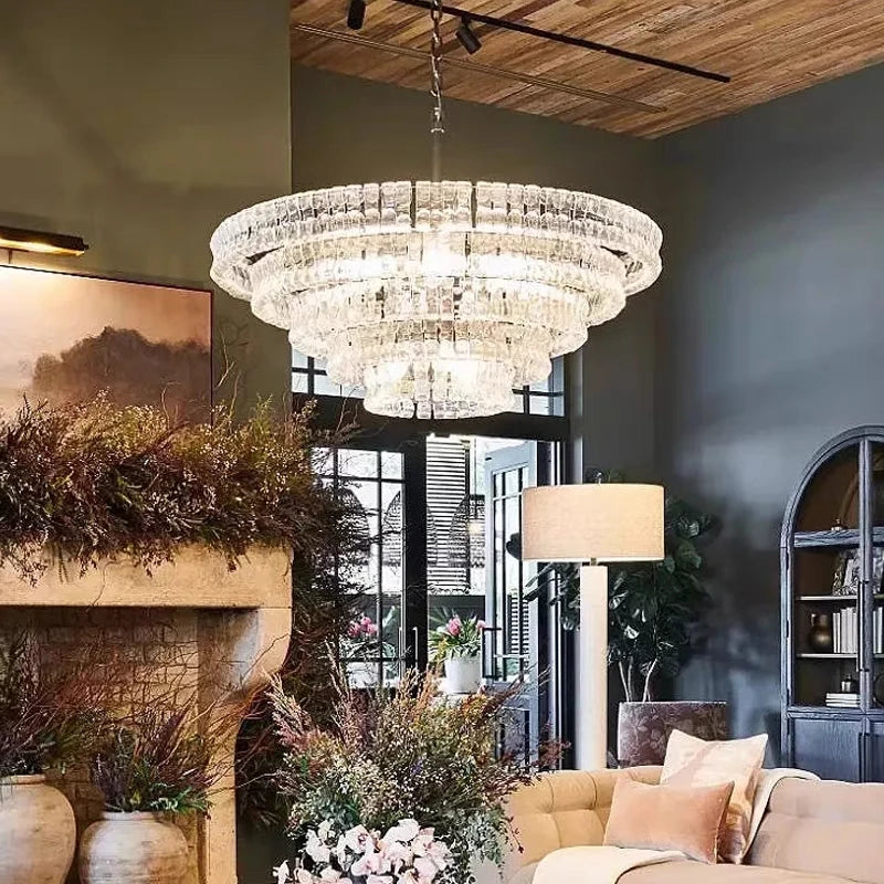 Round glass chandelier at 19.7 in across in black with grey shades