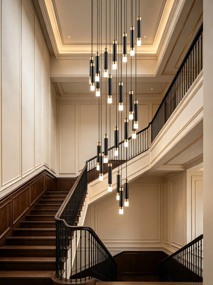 Eighty eight head rod chandelier in black and gold with a 275.6 inch drop