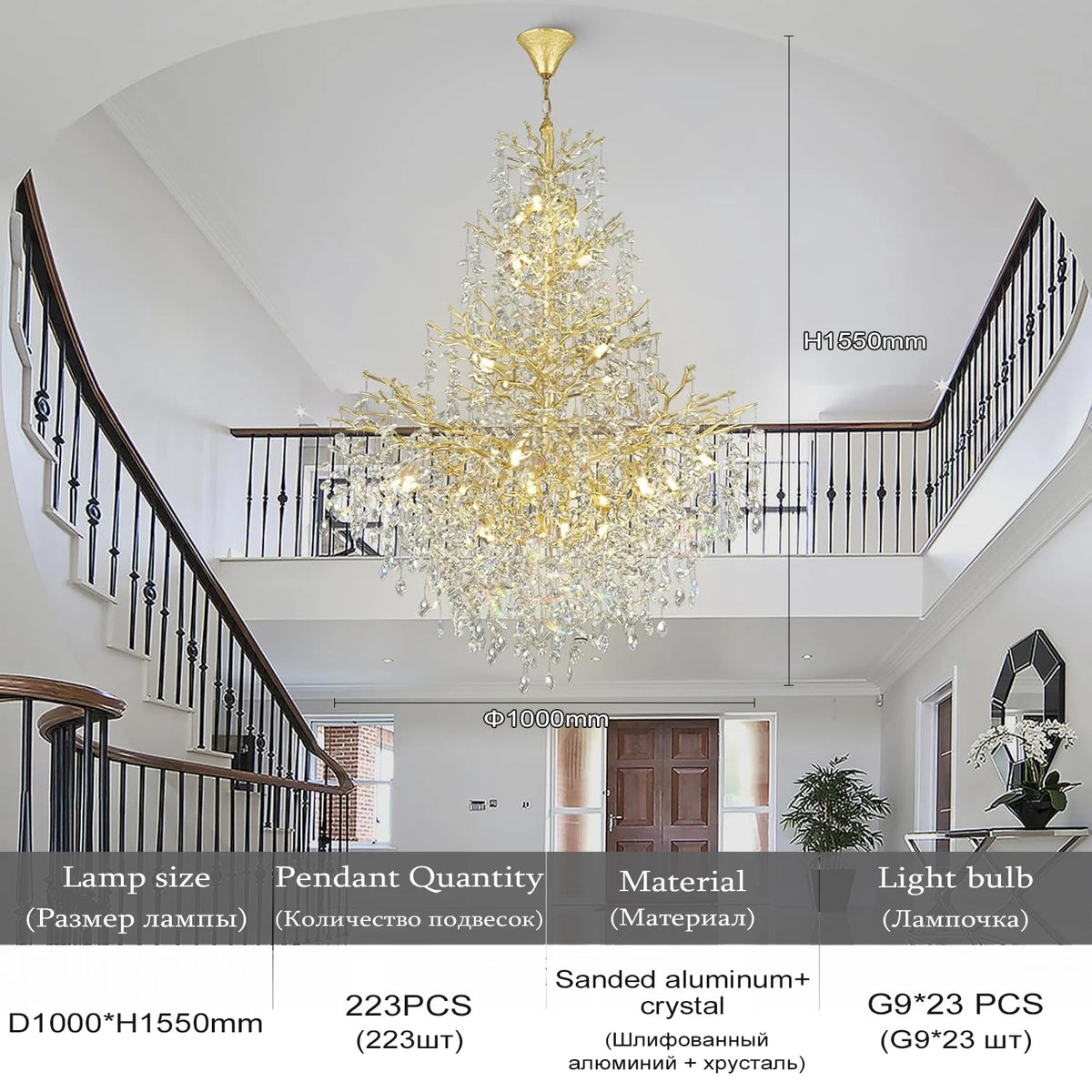 Crystal staircase chandelier with touch on off switch and tricolor light