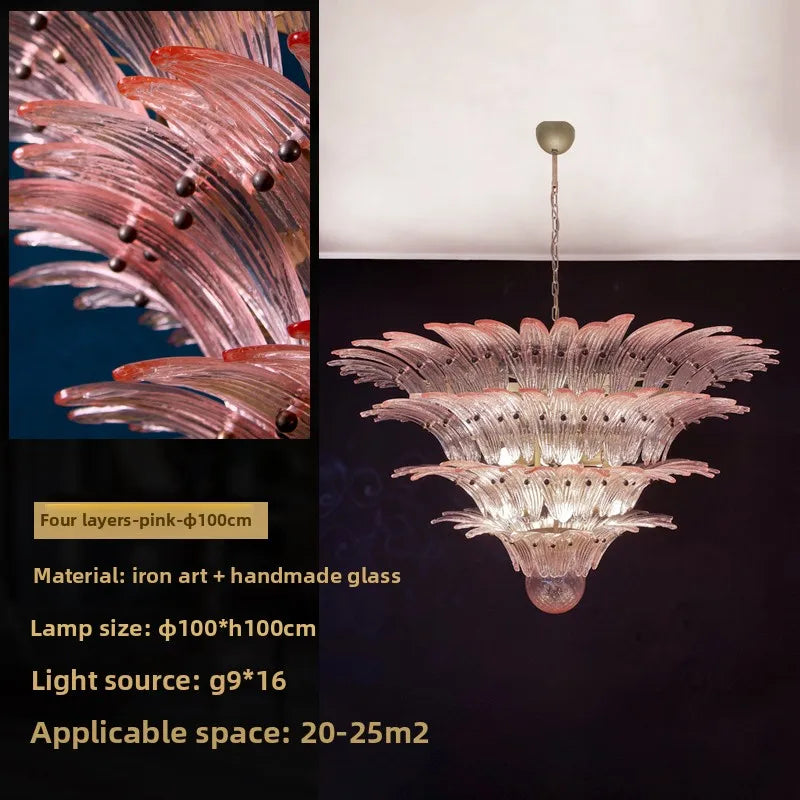 Three color light option on a French vintage tinted glass chandelier