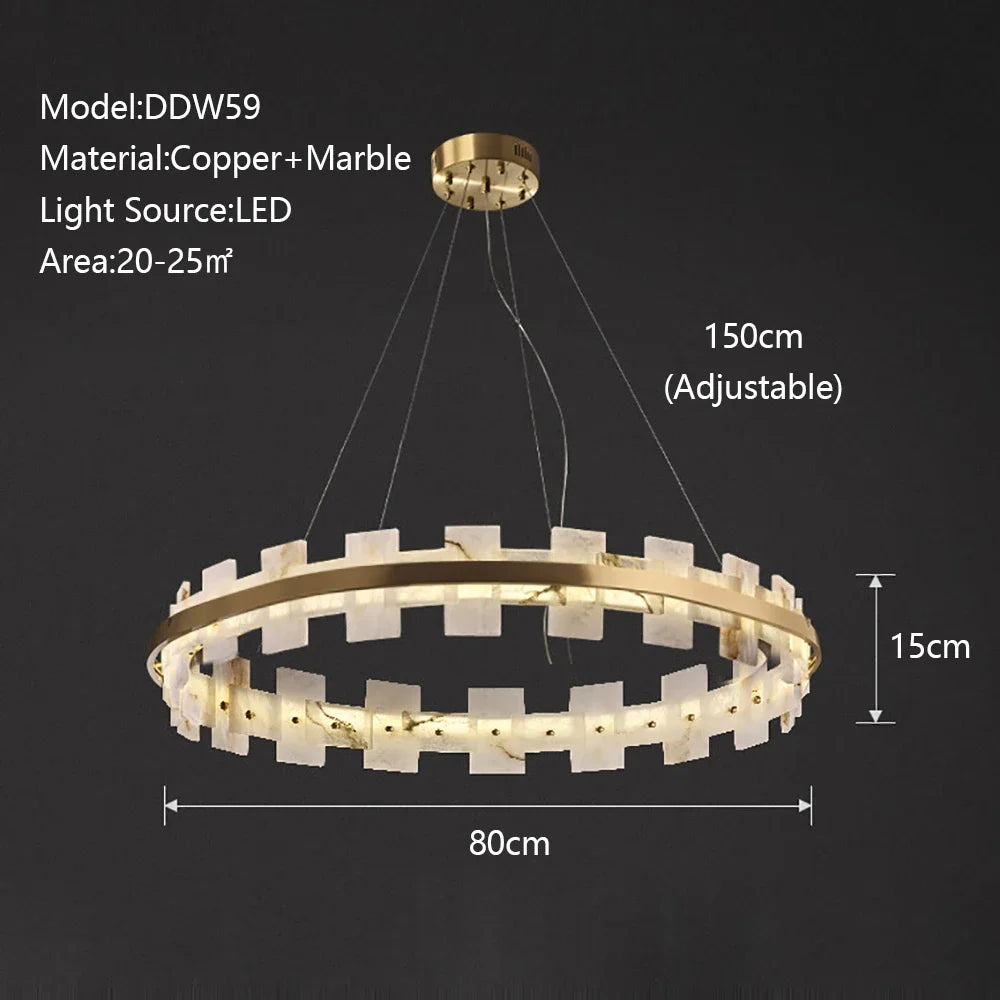 Marble and copper chandelier with two included LED light sources