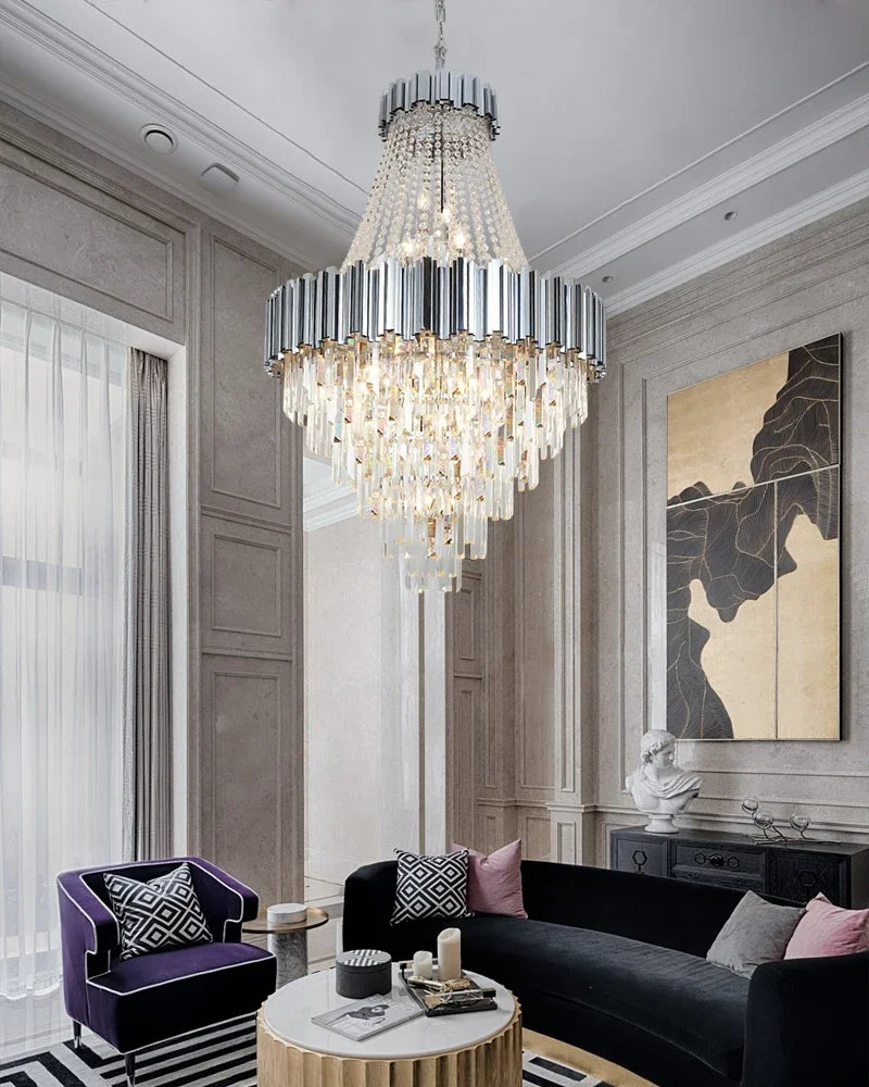 Oval crystal chandelier at 70.9 in length with gold hardware