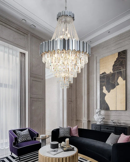 Oval crystal chandelier at 70.9 in length with gold hardware