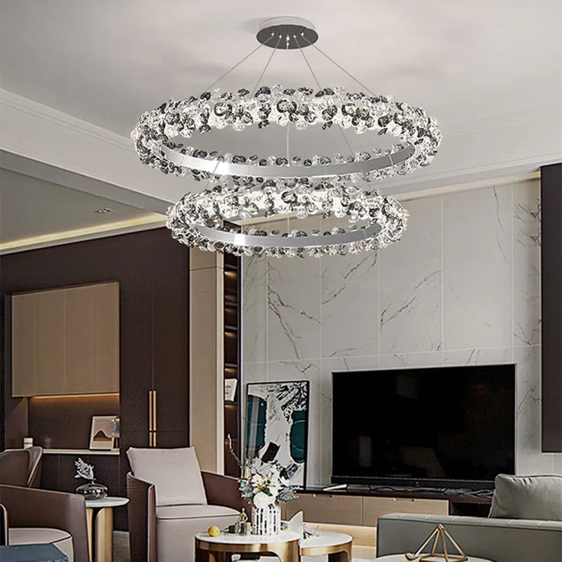 Chrome plated crystal ring chandelier in a sunburst arrangement