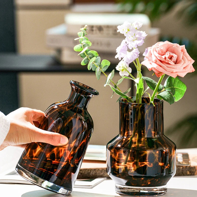Leopard print luxury glass flower vase living room decoration