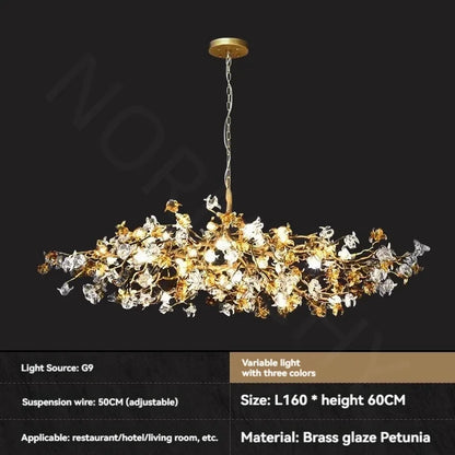 Linear crystal flower chandelier at 140 by 50 centimetres