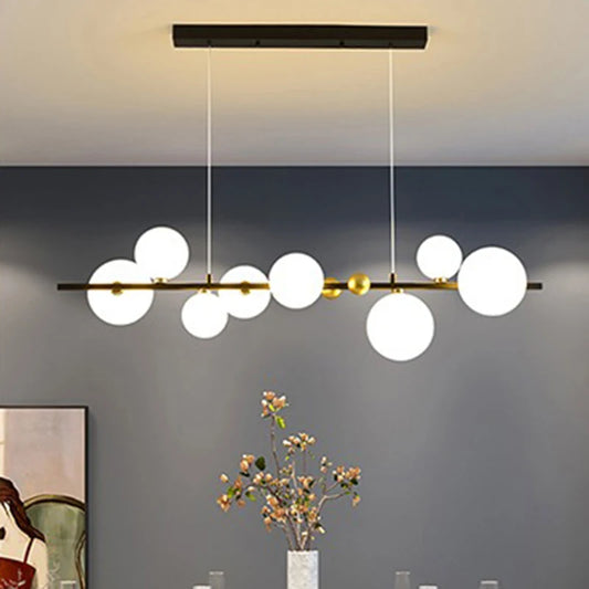 Nordic linear glass chandelier on an iron bar with a row of glass shades
