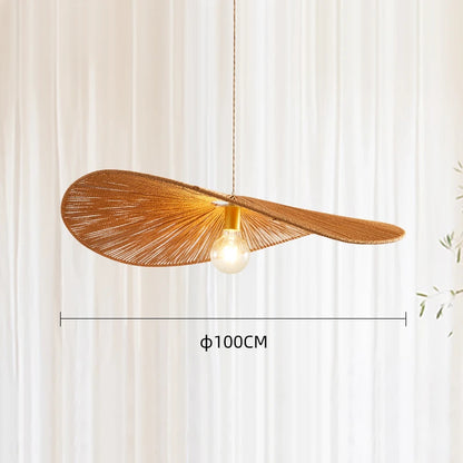 Bamboo woven chandelier shown with its iron frame and cord