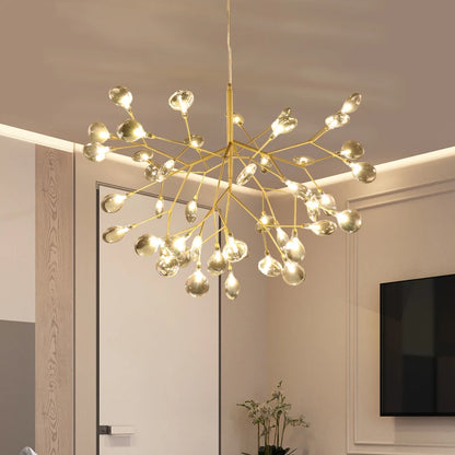 Gold tree branch chandelier with 27 small metal shades on arms