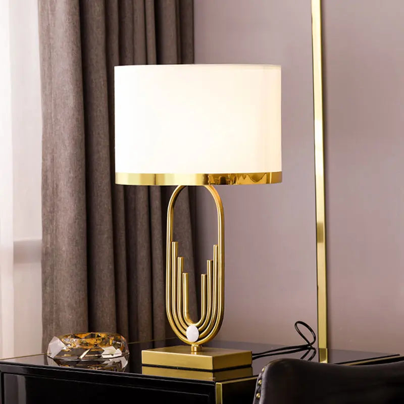 Copper lustre fabric table lamp modern LED on bedside front view