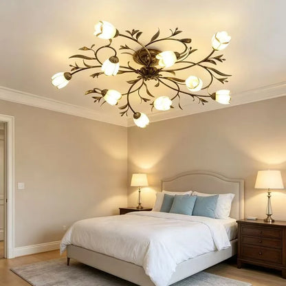 Six head retro flower chandelier in painted iron for a dining room or study