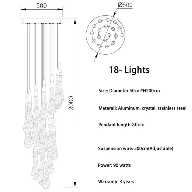 Spiral crystal chandelier with 36 lights and included LED chips