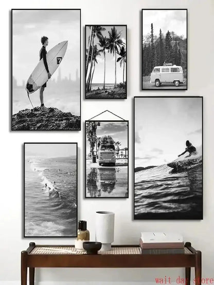 Beach Camper Van Surf Ocean Landscape Canvas Wall Art