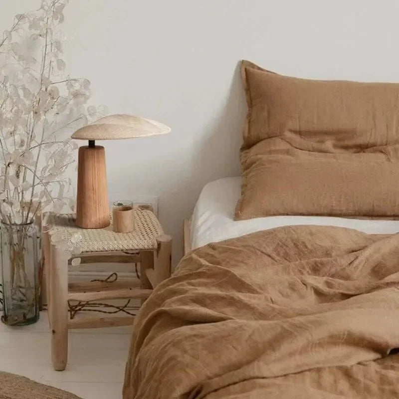 Side view of Japanese solid wood table lamp showcasing rustic silhouette