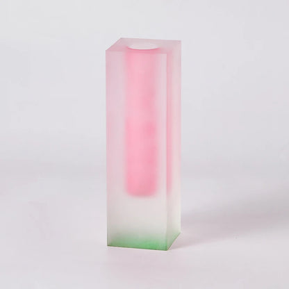 Frosted acrylic pillar vase tall style with fresh pink tulip arrangement on desk