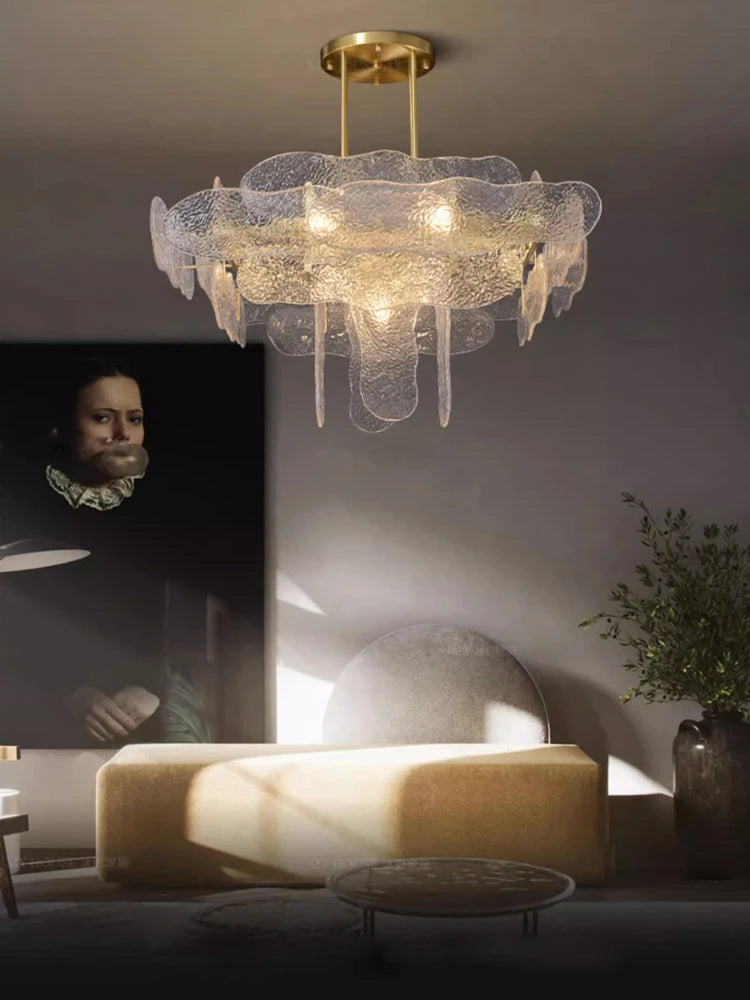 Rippled clear glass chandelier on a polished silver steel frame