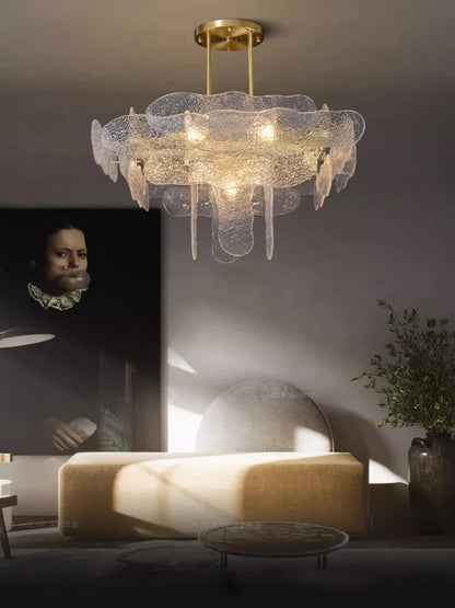 Rippled clear glass chandelier on a polished silver steel frame