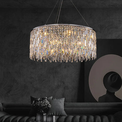 Crystal fill detail inside a polished stainless steel chandelier frame