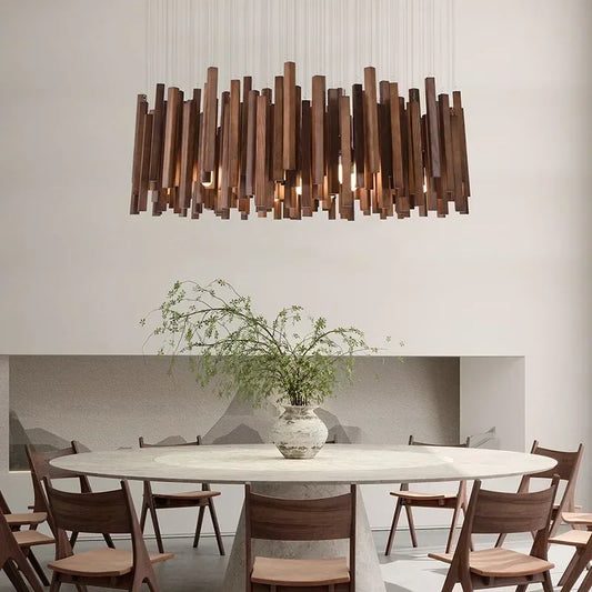 Solid wood farmhouse chandelier with light grain arms and iron fitting