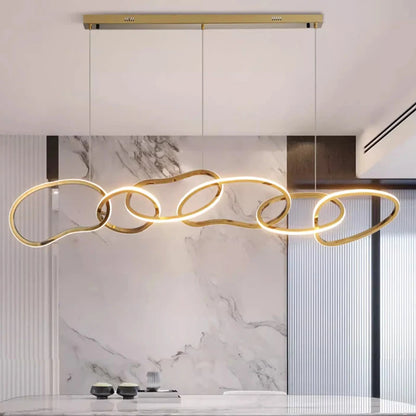 Nordic acrylic ring chandelier with slim glowing rings at staggered heights