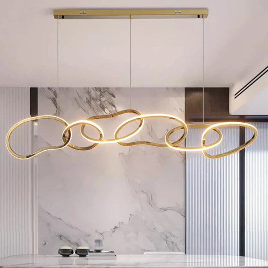 Nordic acrylic ring chandelier with slim glowing rings at staggered heights