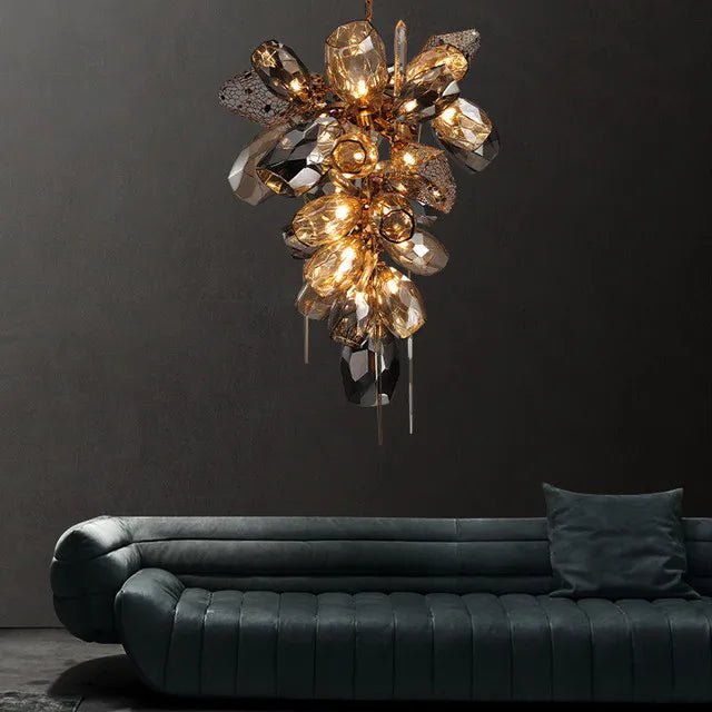 Round glass chandelier, 60 by 100 cm, on a chain pendant suspension