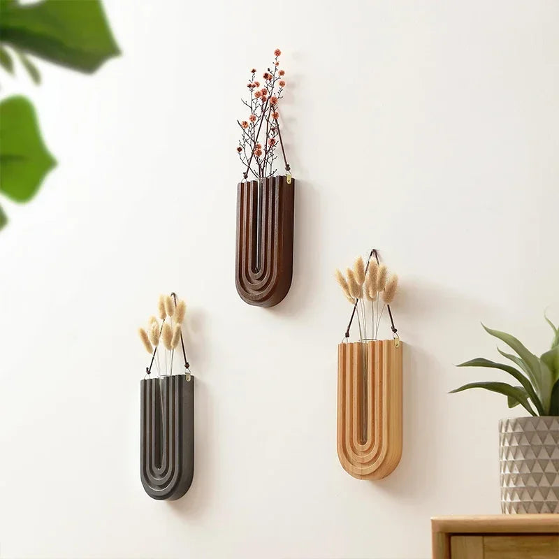 Wooden wall mounted hanging vase hydroponic plant rack home décor