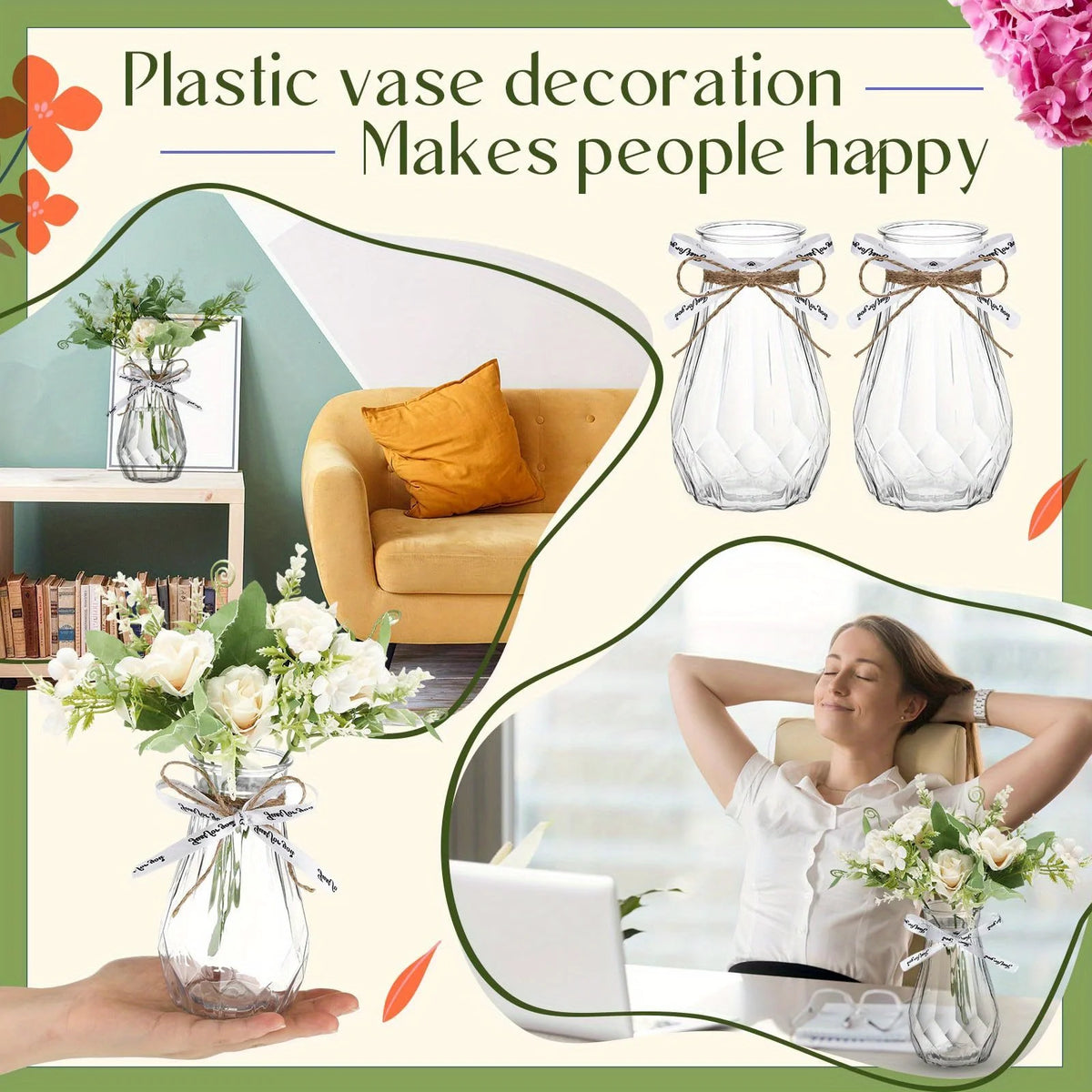 Two diamond-style clear plastic vases with white roses on reception table