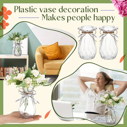 Two diamond-style clear plastic vases with white roses on reception table