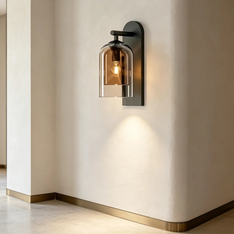 glass bathroom wall sconce, close-up of shade and hardware detail
