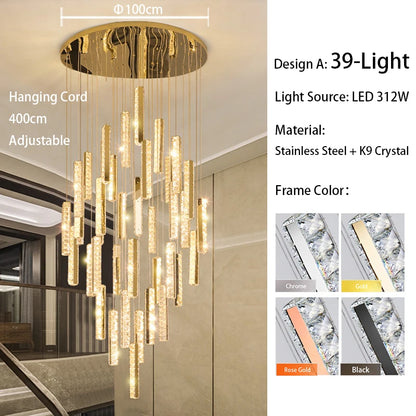 Spiral crystal chandelier shown lit in warm light down its column