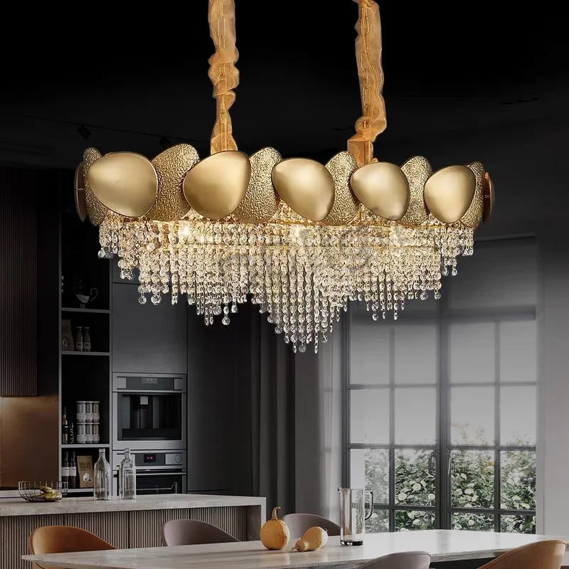Crystal tassel chandelier at 29.5 in length with a gold plated frame